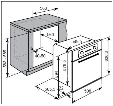 BO632SS Rozměry výrobku Výška: 600,3 mm Šířka: 598 mm Hloubka: 565,5 mm Rozměry otvoru pro vestavění Výška: 583 mm - 585 mm Šířka: 560 mm Hloubka: 560 mm Specifikace produktu o Multifunkční trouba se