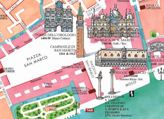 místem, které používá v Benátkách název náměstí. Ostatní se jmenují Campo (plácek), nebo Piazzeta (náměstíčko). Obrázek: Mapka nám. sv. Marka a okolních budov. Druhá část náměstí je tzv.