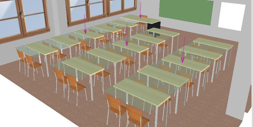 3.2 Výpočet osvětlení pracovních ploch stolů a okolí Pracovní plochy stolů jsou umístěny ve výšce 0,86m (1cm nad stůl, aby nedocházelo ke kolizím objektu a výpočtové plochy) a v družině ve výšce