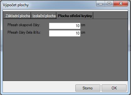 Výpočet ploch (Plocha střešní krytiny) Pod (Nastavení) (Výpočet ploch) je možné pod záložkou Plocha střešní krytiny vložit přesah okapové čáry a přesah čáry čela štítu, aby došlo k preciznímu