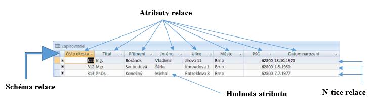 1.8 Relační datový model - Terminologie Relační model má pět hlavních složek: relaci, atribut, datovou n-tici, doménu a relační databázi [4, s. 63].