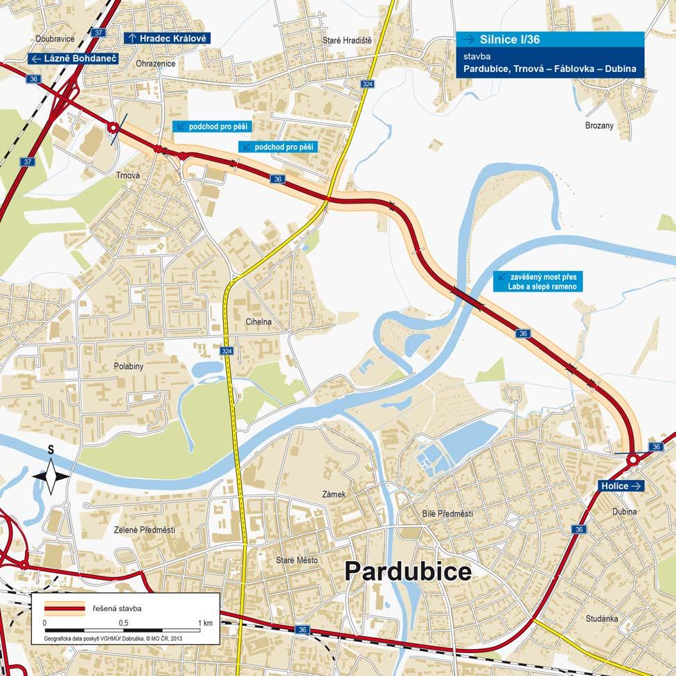 I/36 Pardubice, Trnová Fáblovka - Dubina 4 170 m kategorie: MS 4d 19,0/50 a MS 4d 19,0/70 plocha vozovek: 87 153 m 2 počet stavebních objektů: 95 počet celkem: 9 z toho na silnici I/36: 4 potrubní