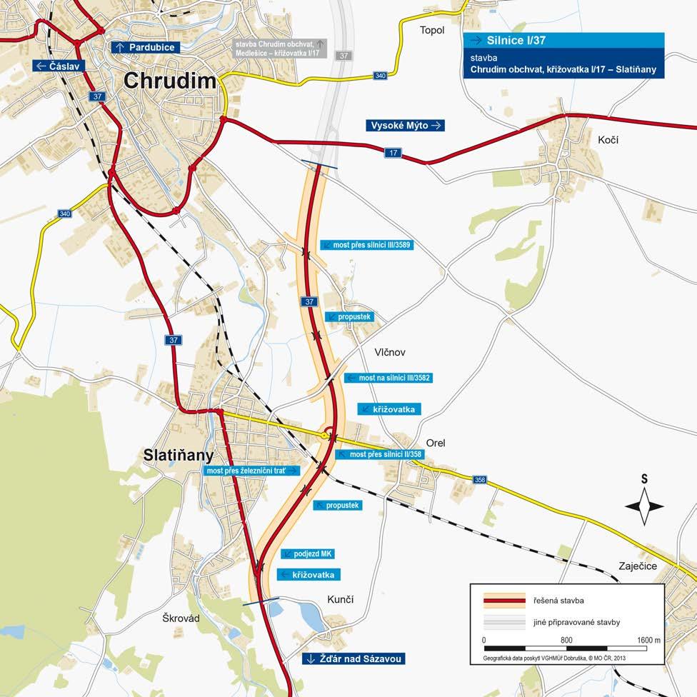 I/37 Chrudim obchvat, úsek křiž. I/17 - Slatiňany 4 563 m kategorie: S 11,5/80 plocha vozovek: 64 500 m 2 počet stavebních objektů: 46 počet celkem: 7 z toho na ostatních kom.