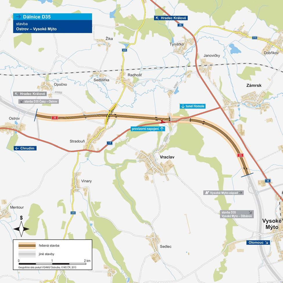 Úsek D35 Ostrov Vysoké Mýto 7 000 m kategorie: R 25,5/120 plocha vozovek D35: 164 959 m 2 počet stavebních objektů: 92 počet celkem: 6 z toho dálničních: 4 nadjezdy: 1 na II/305: 1 délka mostů 137 m