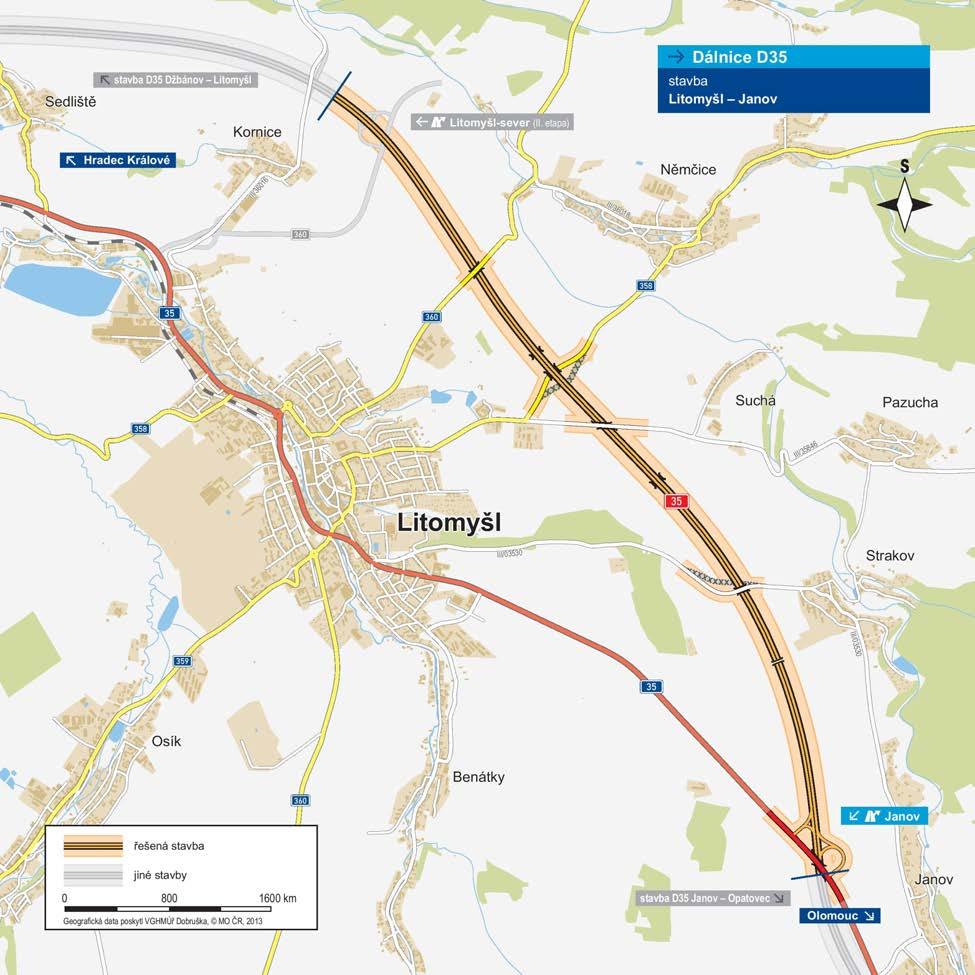 Úsek D35 Litomyšl - Janov 7 150 m kategorie: R 25,5/120 plocha vozovek D35: 182 325 m 2 počet stavebních objektů: 84 počet celkem: 8 z toho dálničních: 3 nadjezdy: 5 délka mostů 354 m počet: 2 MÚK
