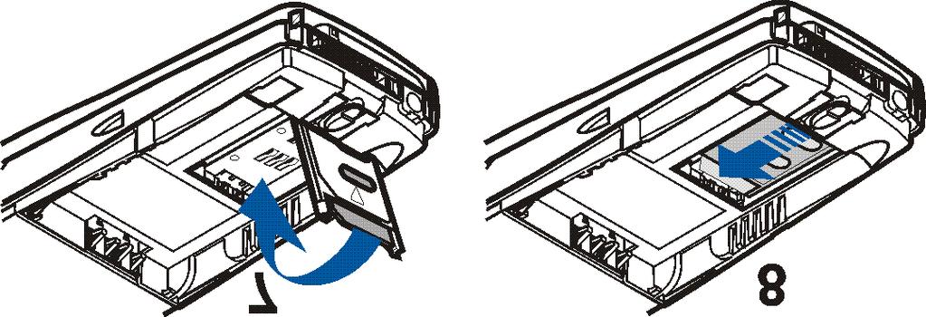 5. Zavøete dr¾ák SIM karty (7) a (8). 6.