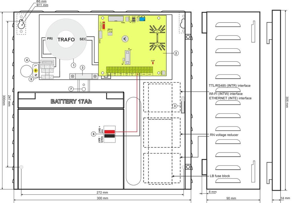 2) TAMPER; mikropřepínač (kontakt) antisabotážní ochrany (NC) F MAINS pojistka obvodu napájení (230V/AC) L-N svorky