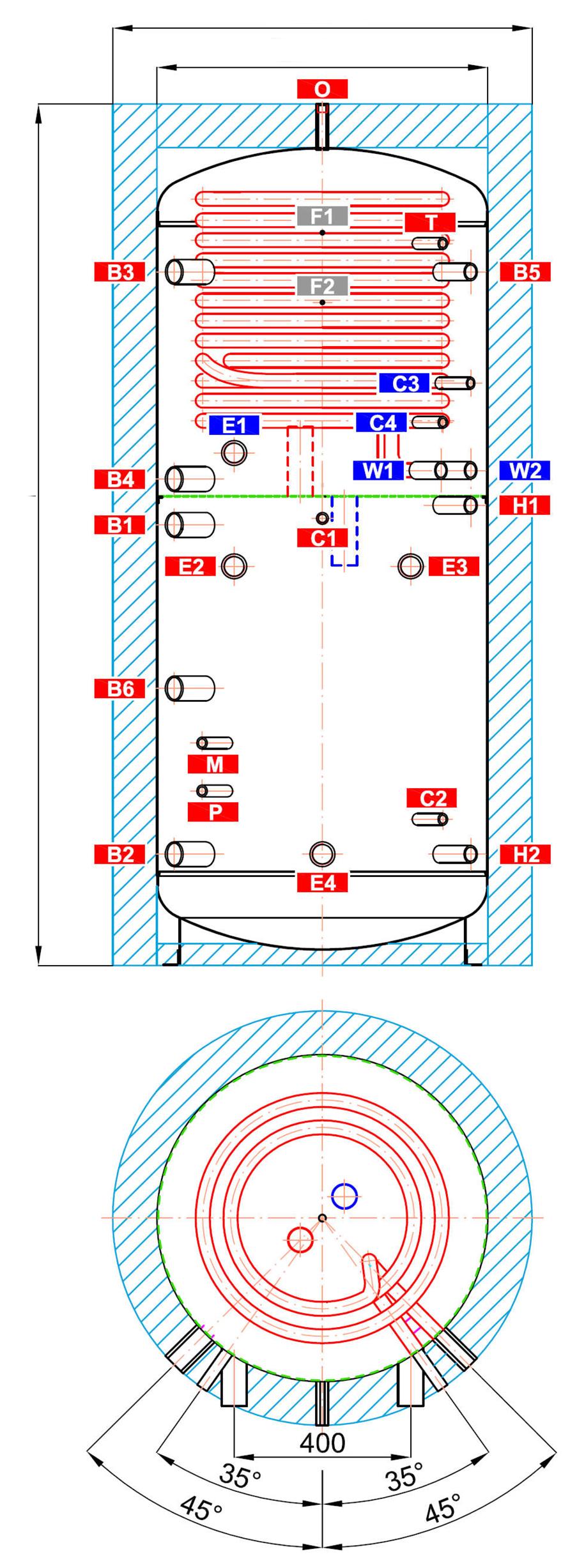 3 - Technické údaje a rozměry nádrže Regulus řady HSK P Průměr nádrže s izolací Průměr nádrže HSK 600/1 P HSK 750/1 P HSK 1000/1 P HSK 1700/1 P ozn.