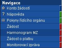 Zpracování MZ v IS Benefit (1) Konto žádostí Po úspěšném přihlášení do aplikace se zobrazí Konto ţádostí, které obsahuje nabídku základních funkčních záloţek v levé části obrazovky a v pravé části