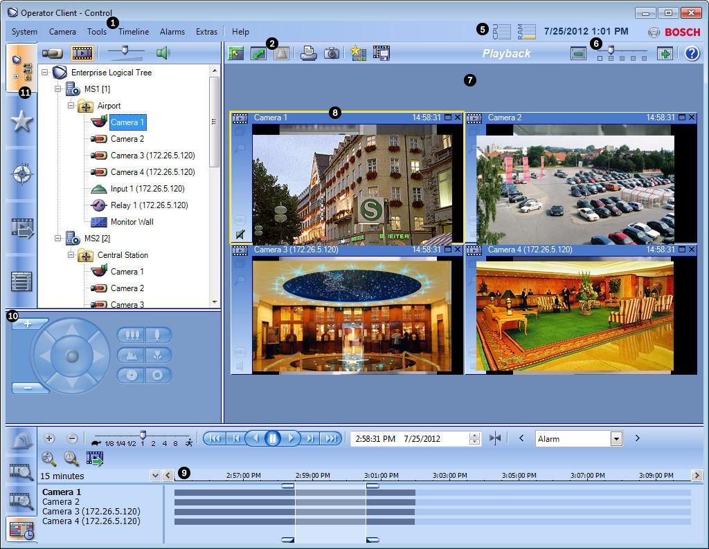 Bosch Video Management System Uživatelské rozhraní cs 45 Okno Strom Oblíbených Položek, 58 Okno Mapa, 59 Okno Ovládání PTZ, 59 Okno Monitory, 60 Obrazové okno, 61 obrazový panel, 62 Okno Seznam