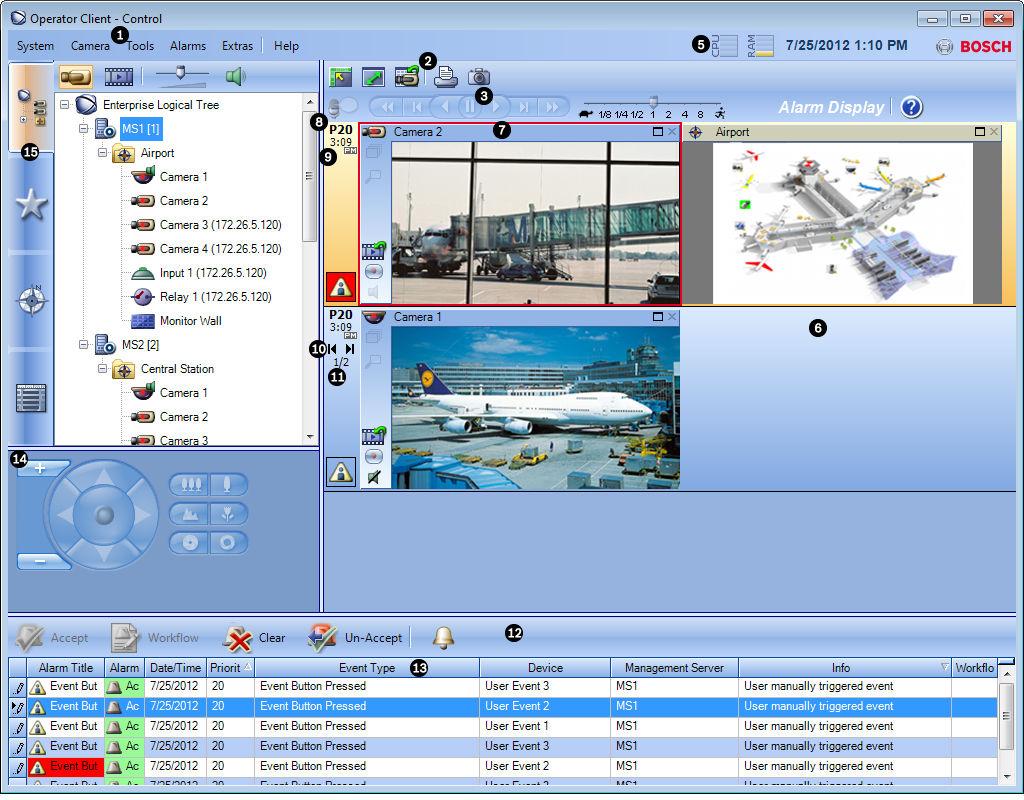 48 cs Uživatelské rozhraní Bosch Video Management System i Poznámka! Mapa zobrazená v podokně Zobrazení Poplachu je optimalizovaná pro zobrazení a obsahuje pouze výchozí zobrazení základního souboru.