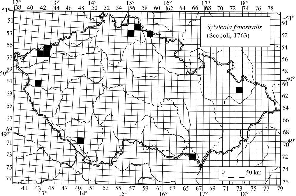 Obr. 2. Současné známé rozšíření Sylvicola fenestralis (Scopoli, 1763) v České republice. Fig. 2. Present known distribution of Sylvicola fenestralis (Scopoli, 1763) in the Czech Republic. Tab. 1. Schematický přehled nálezů jednotlivých druhů rodu Sylvicola ve studované oblasti.