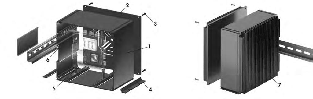 Tubusové skříňky Skříňky P/104 Rozsah dodávky: 1 = 1 x profil skříňkyl; = x krycí plech; 3 = montážní materiál; 4 = x upevňovací spona () (volitelné); 5 = 4 x držák karet (); 6 = 1 x spona pro montáž