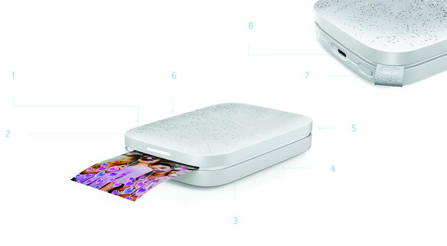 Datový list Tiskárna HP Sprocket 00 Představení produktu Na obrázku je tiskárna HP Sprocket 00 1. Speciální víko přináší spoustu zážitků z rozšířené reality.