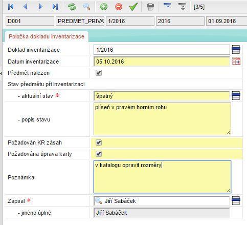 Obr. 12 12. Vyplněnou kartu uložíme stiskem nebo alt+enter z klávesnice. Aplikace data uloží a provede i příslušný zápis do Historie stavu daného sbírkového předmětu. 13.