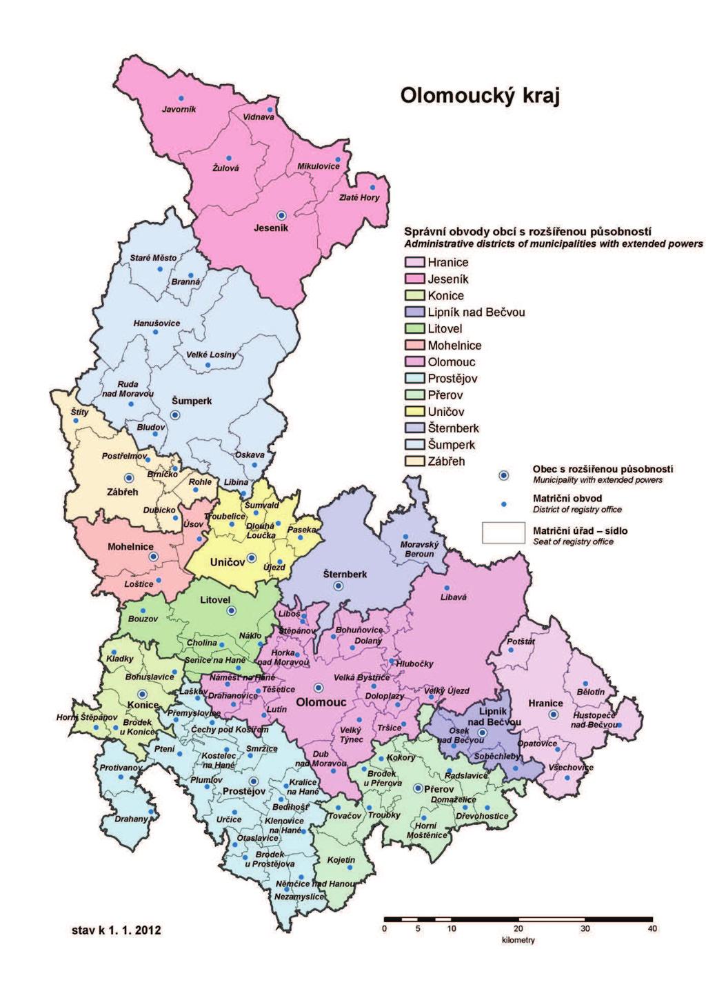 Obrázek 2: Správní členění, Olomoucký kraj, zóna CZ07 Střední Morava, v členění podle ORP (vyznačení měst Olomouckého kraje) Zdroj: ČSÚ
