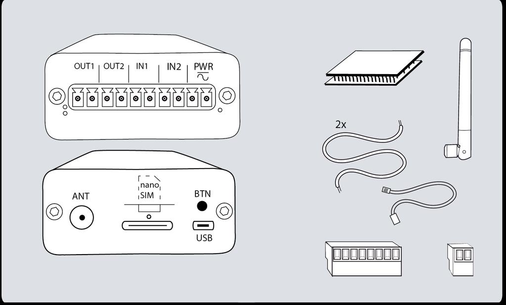 OBSAH BALENÍ Komponenty balení GSM KEY SMART 3 jsou: Anténa, 8 - pinová svorkovnice, 2 - pinová