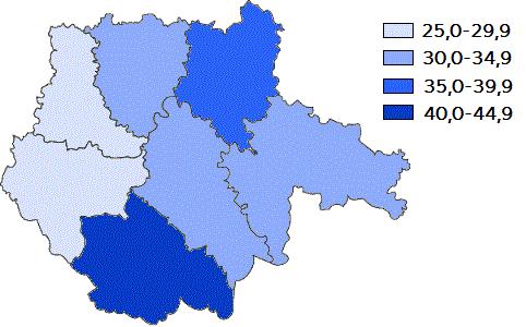V jednotlivých okresech Jihočeského kraje se tento ukazatel chová různě v okrese České Budějovice ukazatel stagnuje, v okresech Jindřichův Hradec, Písek a Tábor vzrostl až o 31,8 % (okres Tábor), a v