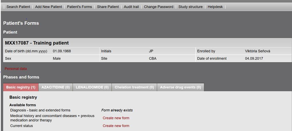 5 Pracovní okno registru Pracovní okno registru se skládá ze dvou vzájemně provázaných částí: a) oddíl Pacient Patient b) oddíl Fáze a formuláře Phases and forms V oddílu Patient jsou uvedeny