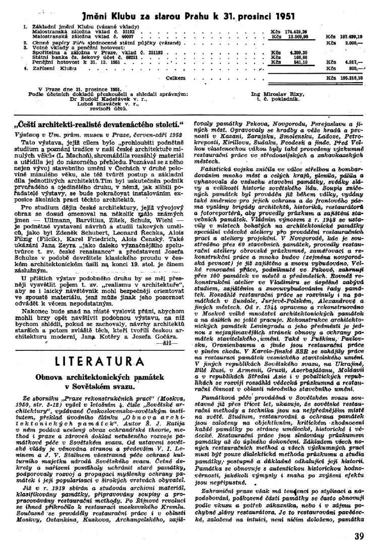 Jmění Klubu za starou Prahu k 31. prosinci 1951 1. Základní Jmění Klubu (vázané vklady) Malostranská záložna vklad č. 35192 Kčs 174.429,20 Malostranská záložna vklad č. 40007 Kčs 13.069,90 Kčs 187.