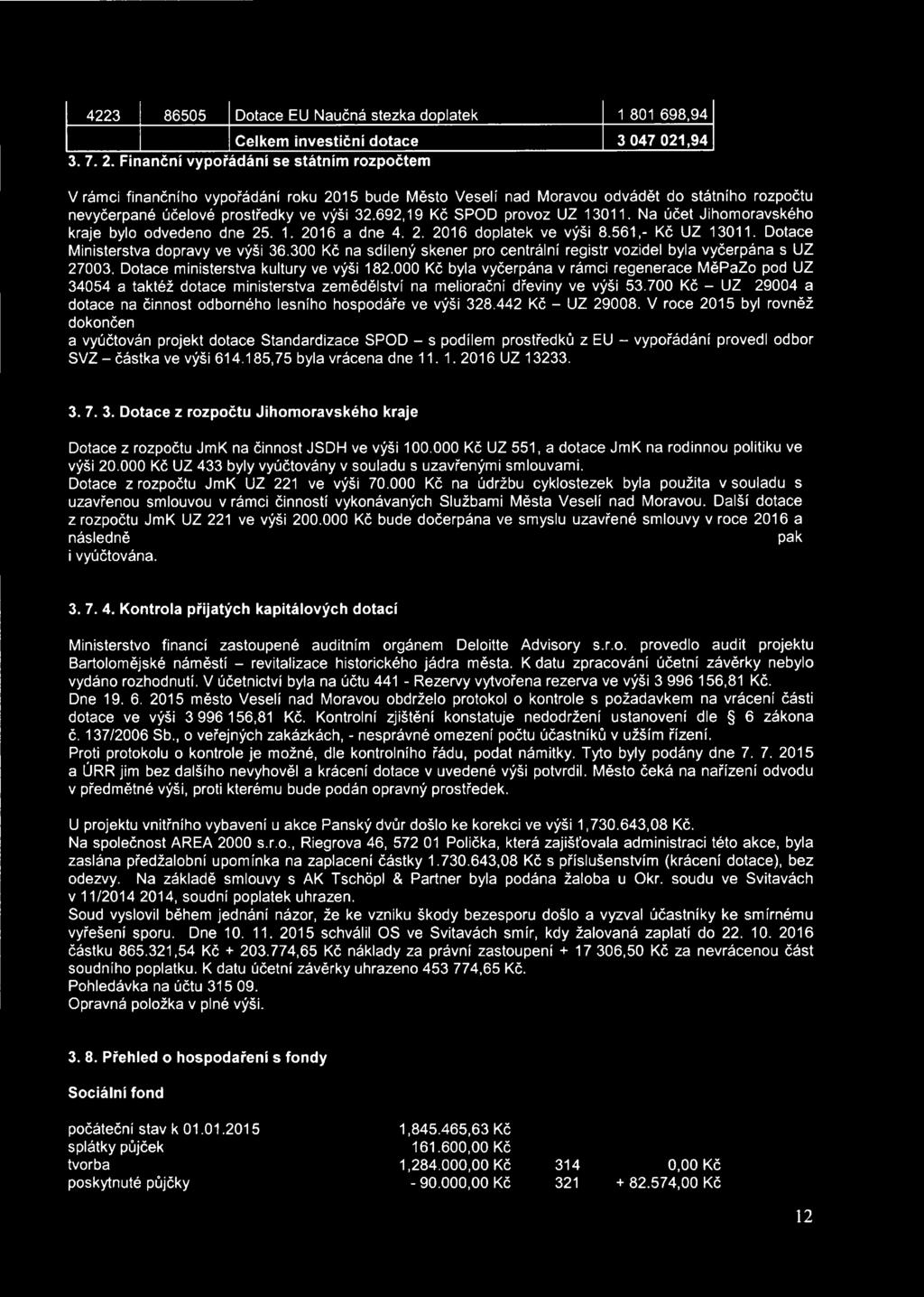 692,19 Kč SPOD provoz UZ 13011. Na účet Jihomoravského kraje bylo odvedeno dne 25. 1. 2016 a dne 4. 2. 2016 doplatek ve výši 8.561,- Kč UZ 13011. Dotace Ministerstva dopravy ve výši 36.
