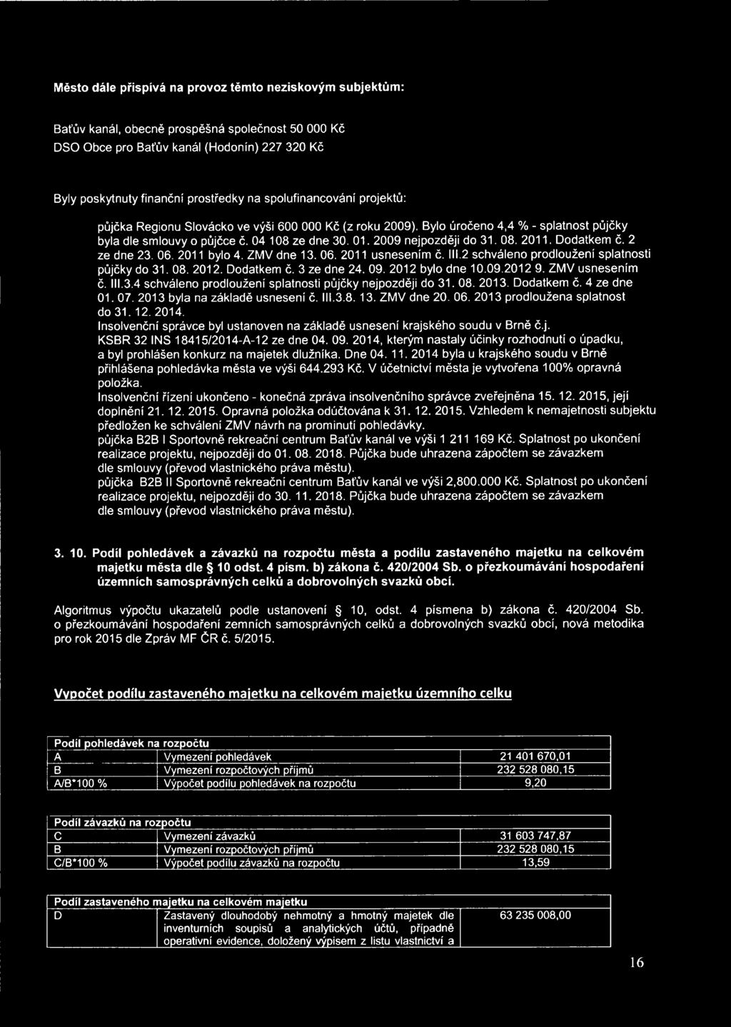 Dodatkem č. 2 ze dne 23. 06. 2011 bylo 4. ZMV dne 13. 06. 2011 usnesením č. III.2 schváleno prodloužení splatnosti půjčky do 31.08. 2012. Dodatkem č. 3 ze dne 24. 09. 2012 bylo dne 10.09.2012 9.