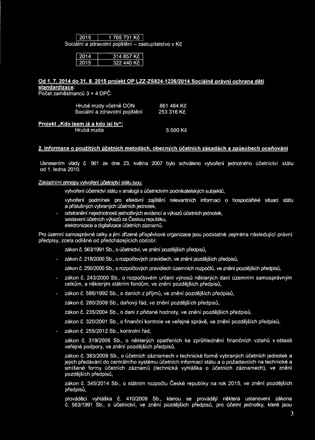 2015 projekt OP LZZ-ZS824-1226/2014 Sociálně právní ochrana dětí standardizace: Počet zaměstnanců 3 + 4 DPČ Hrubé mzdy včetně OON Sociální a zdravotní pojištění Projekt Kdo jsem já a kdo jsi tv :