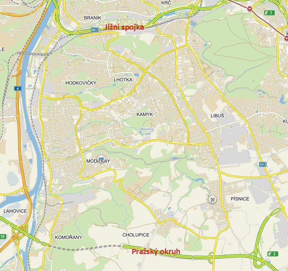 3. Současná situace V současné době se v blízkosti Prahy 12 nachází Pražský okruh, který disponuje dvěma nájezdy mezi Točnou a Cholupicemi a mezi Cholupicemi a Dolními Břežany.