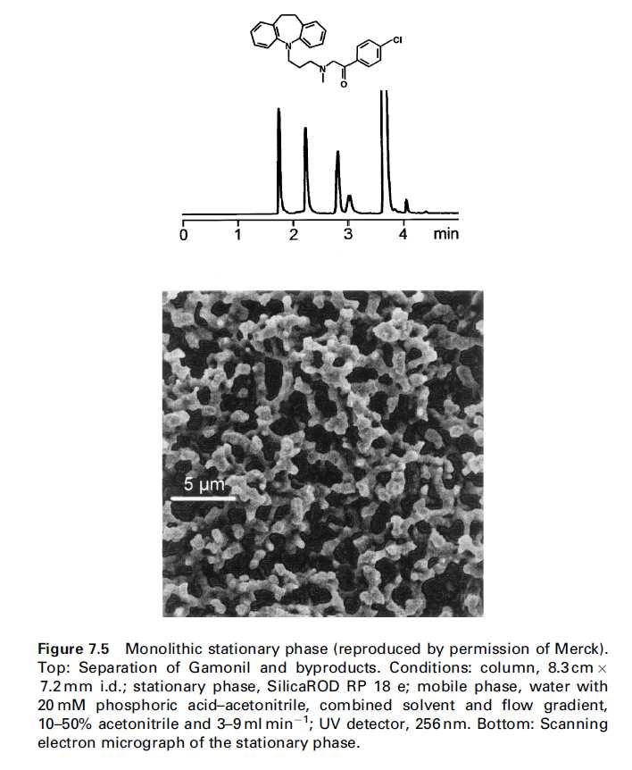 silikagelových monolitů velikost velkých pórů (kterými protéká mobilní fáze) je např. 2 µm a tzv. mesopórů např. 12 nm. Tyto materiály mají porozitu více než 0.