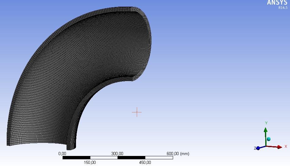 4.5 Koleno Následující kapitola je zaměřena na výpočet kolena s DN 400 a poloměrem ohybu 610 mm. 4.5.1 Výpočtový model Síť konečných prvků: Na obrázku je vidět síť kolena.