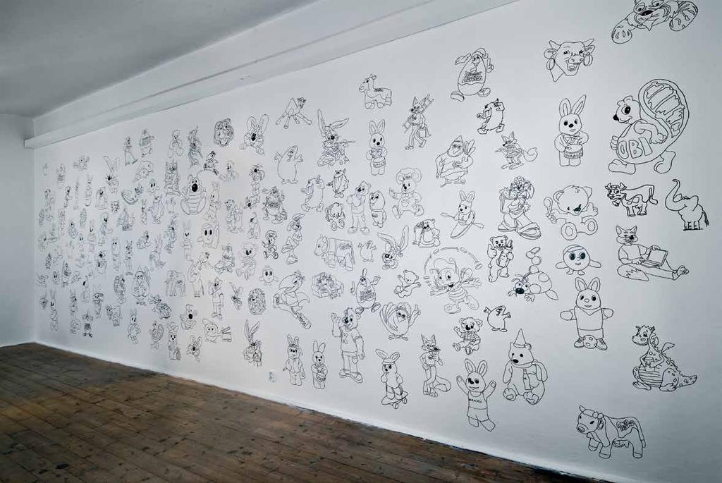 2005, Brno, Galerie Na bidýlku, Ještě více hodin lásky, než je možné kdy splatit JEŠTĚ VÍCE HODIN LÁSKY, NEŽ JE MOŽNÉ KDY SPLATIT, 2005, instalace, kresba černou fixou na stěně, rozměry