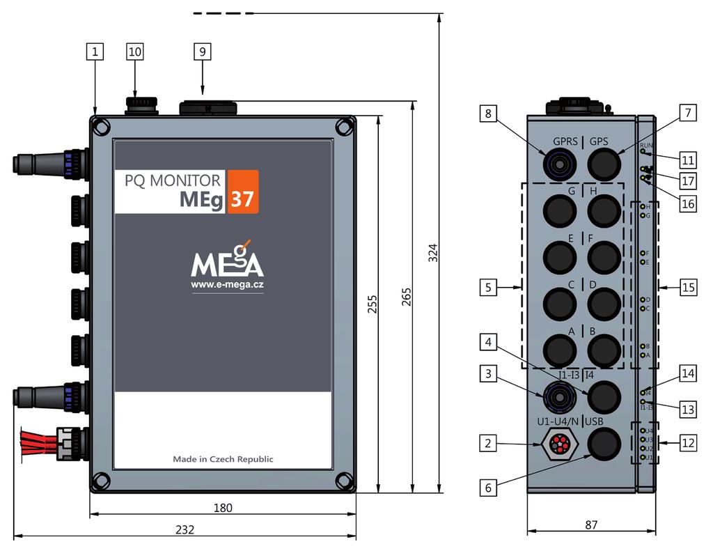Měřící Energetické Aparáty Obr. 1: PQ monitor MEg37, základní rozměry a rozměry s připojenými uživatelskými prvky Tab. 1: Uživatelské prvky Položka viz obr.