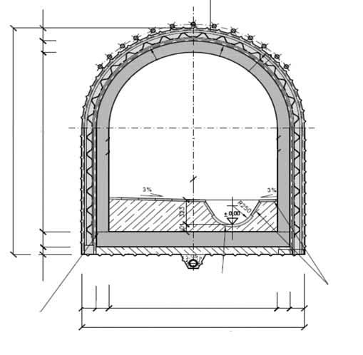 990 70 50 70 890 70 50 70 00 00 7050 000 5070 60 F sv =.6 m Obr. a Vzorový příčný řez ve tř. NRTM Fig. a Typical cross-section for NATM class - Jehly Roxor pr. 5 mm, dl.