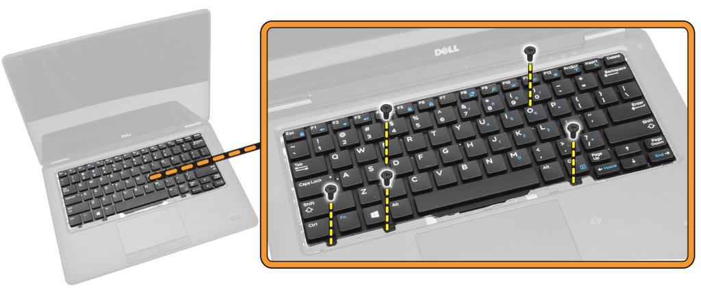 5 Podle obrázku proveďte následující kroky: a Vyrýpněte klávesnici, a uvolněte ji tak z počítače [1]. b Vyjměte klávesnici z počítače [2].