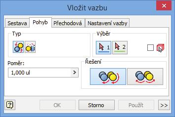 Pod položkou pohyb máme vazby: rotace pro vytváření pohybu například ozubený převod,