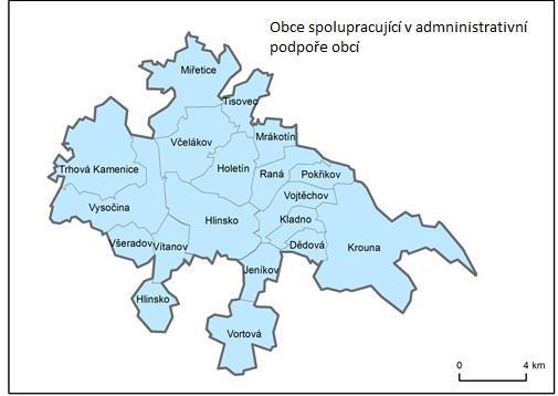 Obrázek 1: Obce spolupracující v oblasti Administrativní podpora obcí Zdroj: ArcČR500 Dále tým ORP navrhl schůzku se zástupci obcí, kde by byl vyplněn Záznamník, a vysvětleny podrobnosti této