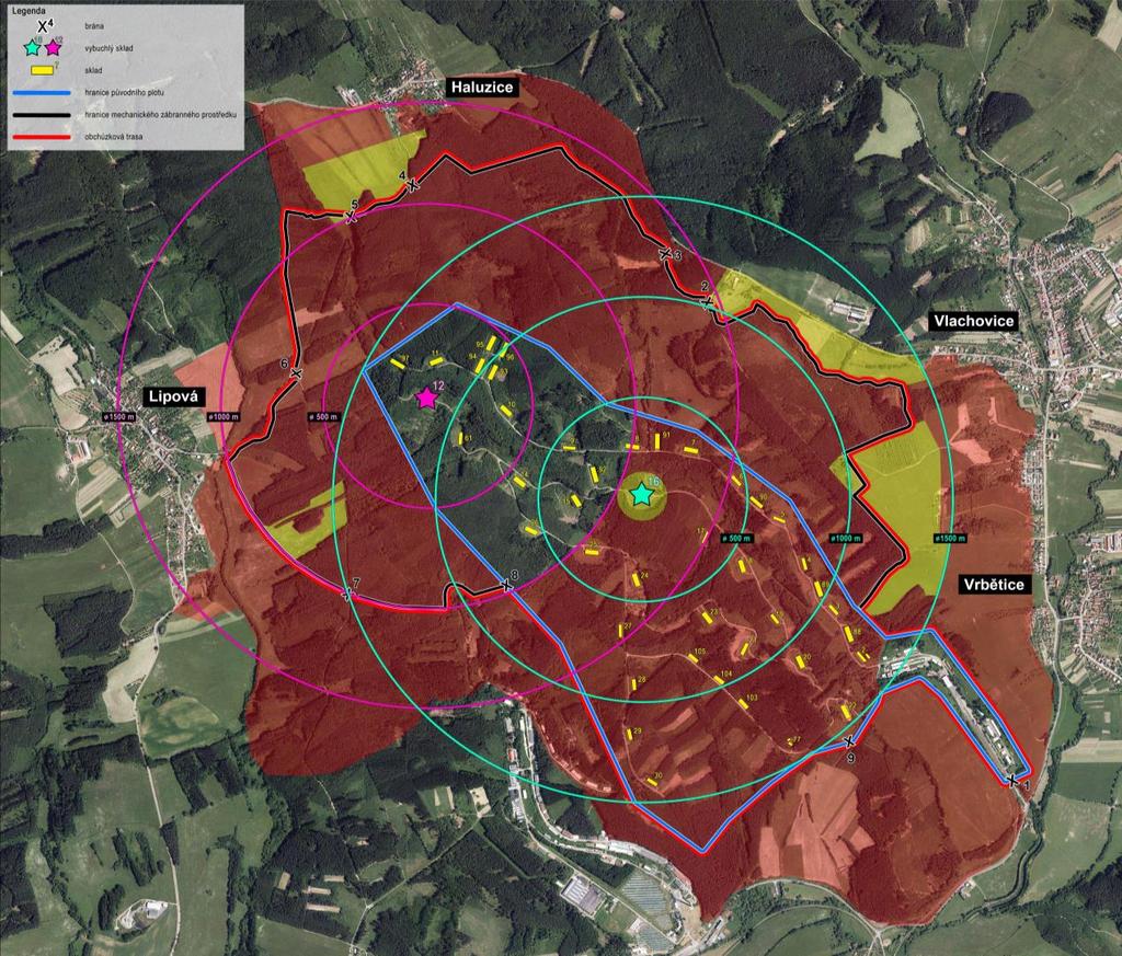 Perimetr střežené zóny areálu VTU, s.p. ve Vlachovicích Vrběticích k 09. 01.