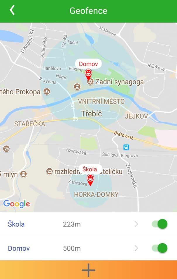 Geofence - Bezpečnostní zóna Geofence neboli bezpečnostní zóna je oblast, kde chcete, aby se vaše dítě