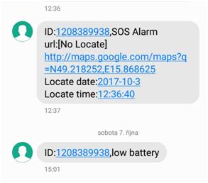 SMS upozornění Pokud v nastavení povolíte zasílání varovných SMS mají následující podobu: Upozornění na stisknutí SOS tlačítka ID: identifikační číslo hodinek SOS Alarm: druh upozornění SOS tlačítko