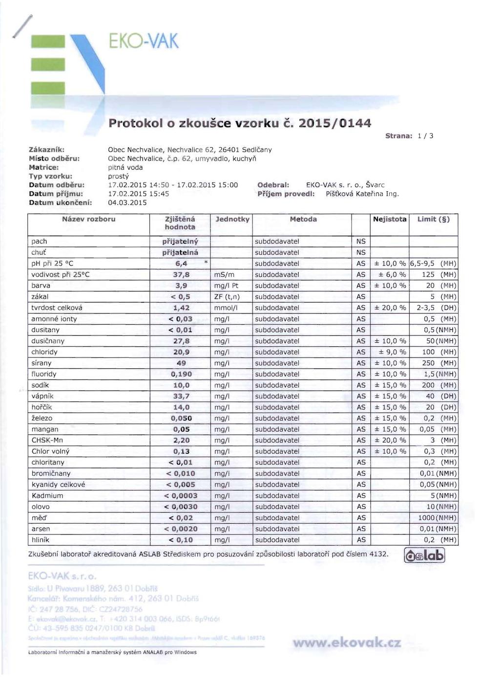 EO-YAK Protokol 0 zkousce vzorku c. 2015/0 144 Strana: 1 / 3 Zakaznik: Obec Nechva lice, Nechvali ce 62, 26401 Sedlcany Misto odberu: Obec Nechvalice, c.p.