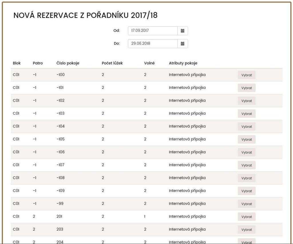 Pak zvolte období, po které chcete být ubytováni a vyberte konkrétní blok a pokoj. Začátek ubytování na ak.