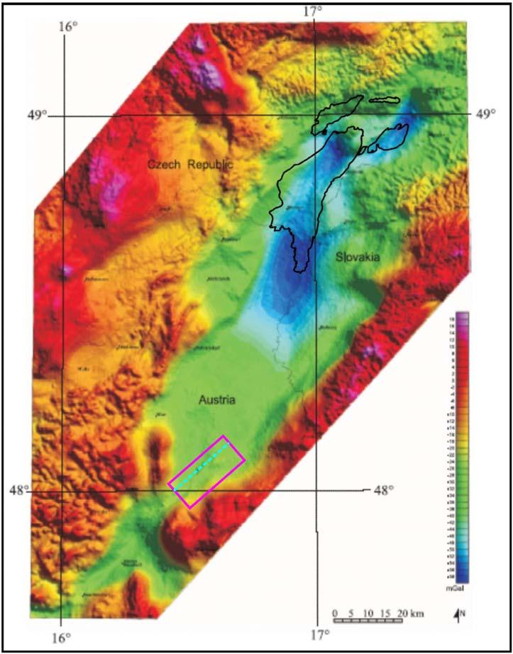 Acta Montanistica Slovaca Ročník 14 (2009), číslo 1, 62-74 Obr. 4. Gravimetrická mapa Bouguerových anomálií vídeňské pánve (Arzmüller et al. 2006).