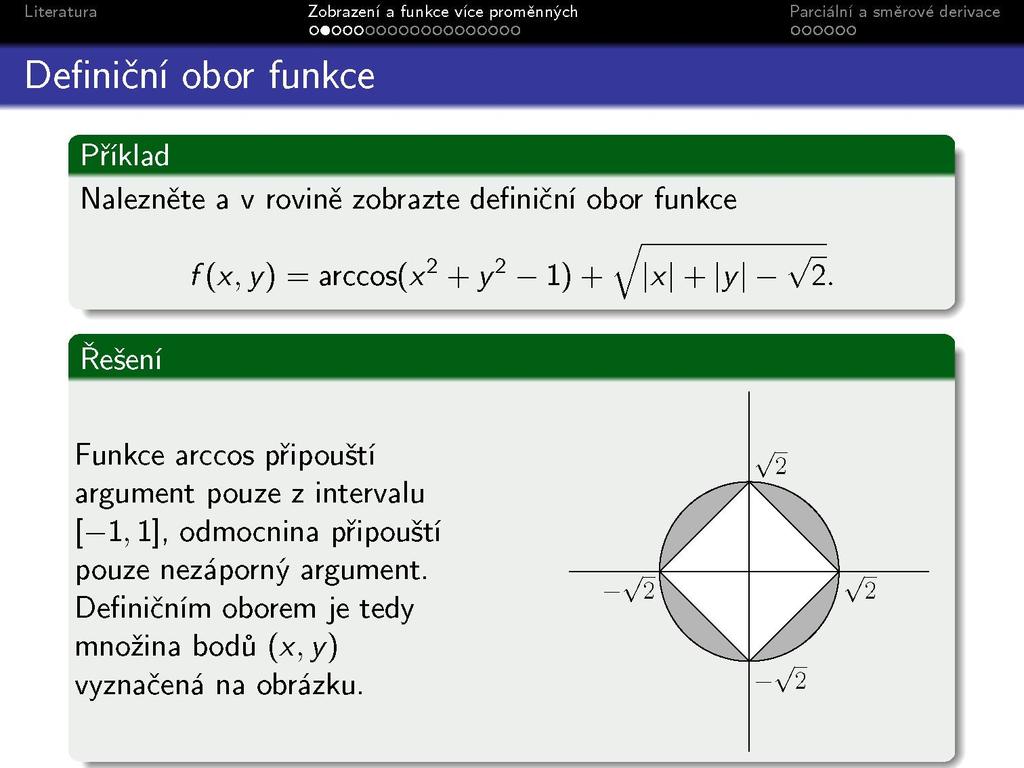 Definiční obor funkce Zobrazeni a funkce vice promennýcl o«ooooooooooooooooo Příklad Nalezněte a v rovině zobrazte definiční obor funkce ^ f(x, y) = arccos(x 2 + y 2-1) + y x +