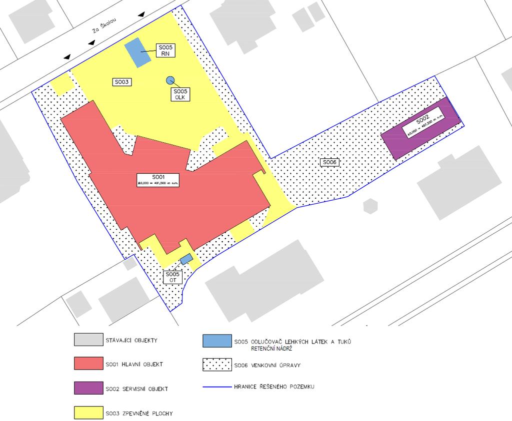 2. ŘEŠENÍ PROSTOROVÉ STRUKTURY 2.1 Rozdělení na stavební objekty Jedná se o novostavbu hlavního objektu, servisního objektu, zpevněných ploch a inženýrských sítí a areálových rozvodů.