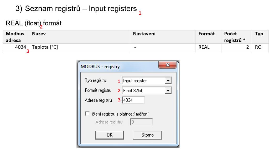 Obrázek 4: Nastavení registru pro měření teploty v programu MOST podle tabulky Seznam registrů. 1 typ registru, 2 formát, 3 adresa. Upřesnit Max.