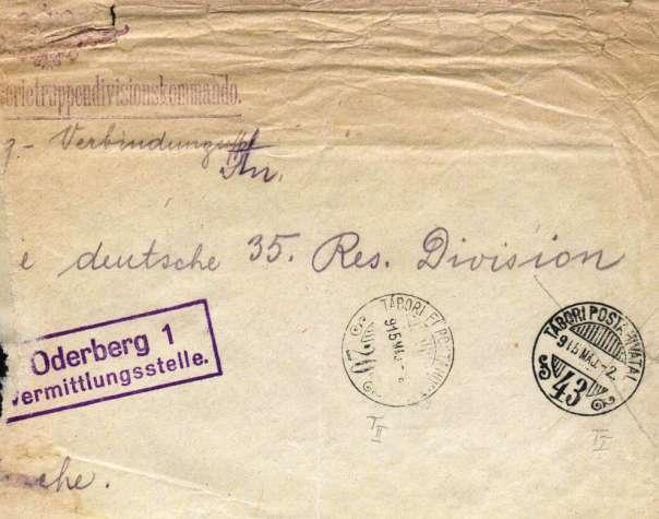 Druhé razítko mělo písmeno O Oderberg pod písmeny st Feldpost. Dnem 23.6.1915 byla zprostředkovatelna polní pońty v Bohumíně likvidována a její úkoly byly přeneseny na polní pońtu č.600.