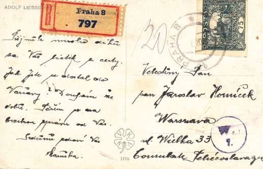 - 9 - Doporučená zásilka poslaná z Prahy do Varńavy v lednu 1920. Zásilka poslaná do Lipska 22.XII.1920.Vyplaceno celkem 3 Mk.