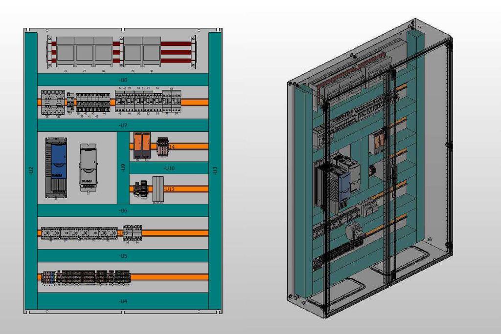 Vzorový projekt 35 Návrh uspo ádání rozvád če silových rozvod je proveden v modulu EPLAN Pro Panel. Tento modul již umožňuje kompletní 3D návrh rozvád če.