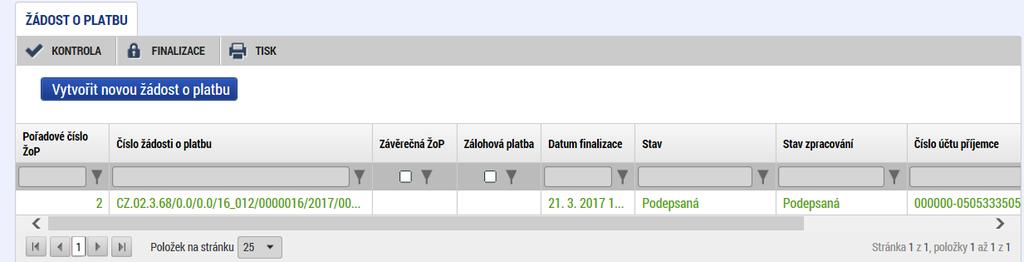 3.7. INDIKÁTORY Záložka indikátory obsahuje přehled všech indikátorů, ke kterým se příjemce zavázal. Obsahuje také výstupní informace ze žádosti, tedy Výchozí hodnota a Cílová hodnota.