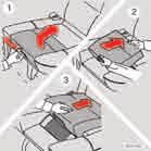 Bezpečnost Zvednutí podkládacího sedáku Zatáhněte za rukojeť, aby se podkládací sedák (1) zvedl. Uchopte sedák oběma rukama a zatlačte jej dozadu (2). Zatlačte na sedák, až se zajistí (3). VAROVÁNÍ!